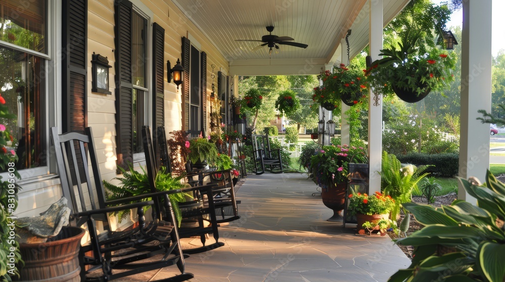 A charming front porch with rocking chairs, potted plants, and a welcoming ambiance.