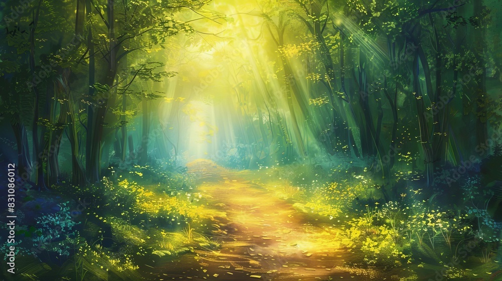 mystical forest path illuminated by enchanting sunbeams digital painting