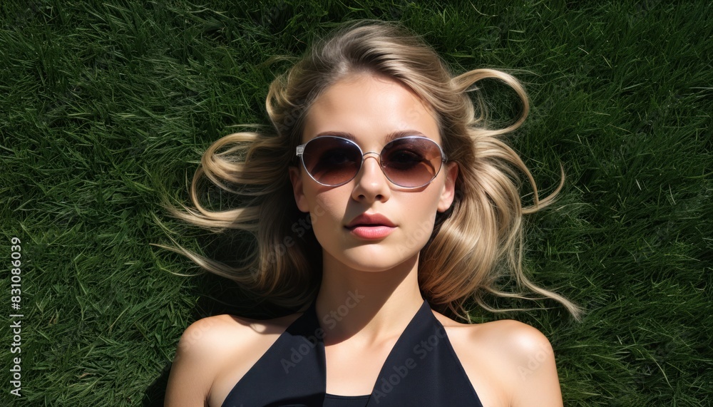 Portrait of young beautiful woman lying on grass, top view. Relaxed girl in sunglasses lying on her back and admiring the sky and dreaming close-up. Summer vacation concept on lawn Portrait of young beautiful woman lying on grass, top view. Relaxed girl in sunglasses lying on her back and admiring the sky and dreaming close-up. Summer vacation concept on lawn