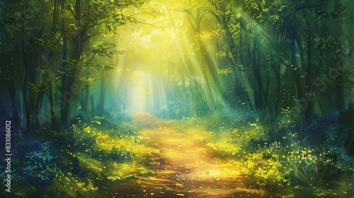 mystical forest path illuminated by enchanting sunbeams digital painting