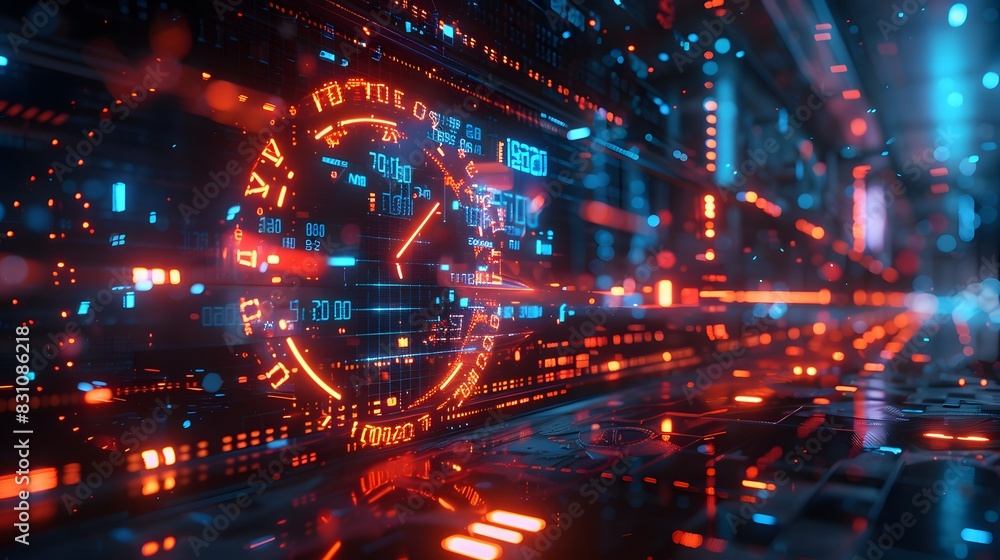 Abstract futuristic time concept with digital clock on dark background, glowing light effect vector illustration design. Abstract futuristic time concept with digital clock on dark background, glowing light effect vector illustration design.