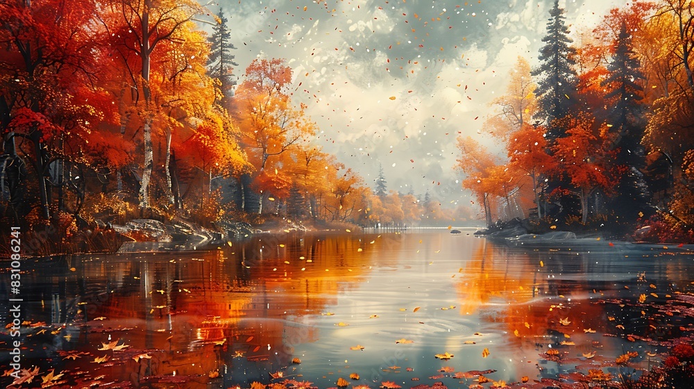 Autumn Lake: Paint a lake surrounded by autumn trees. Use oranges, reds, and yellows to create a warm atmosphere.