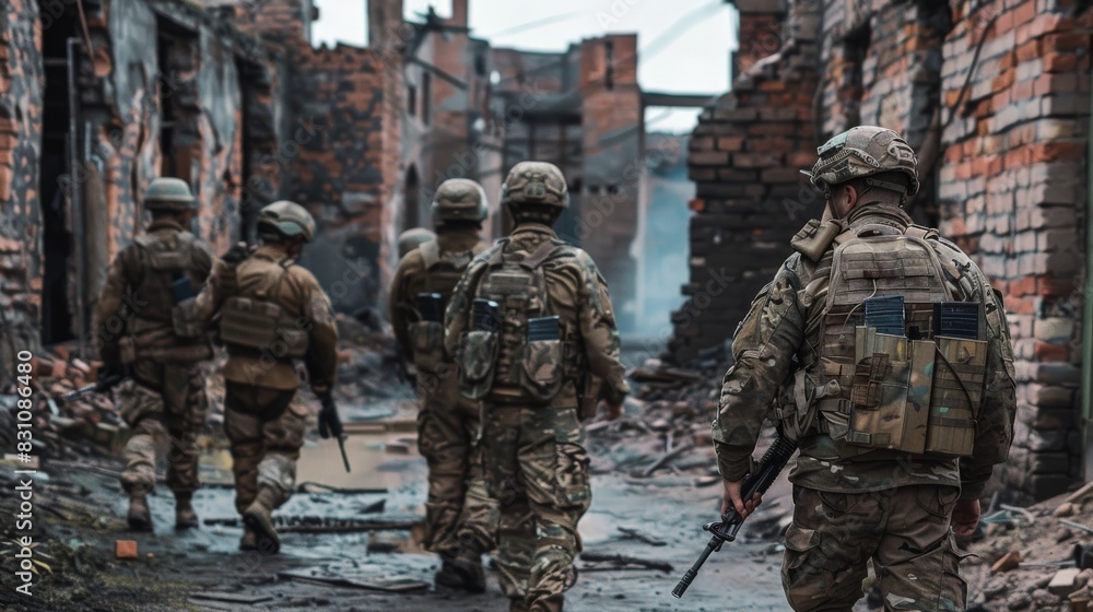Squad of soldiers advancing cautiously through urban terrain Squad of soldiers advancing cautiously through urban terrain