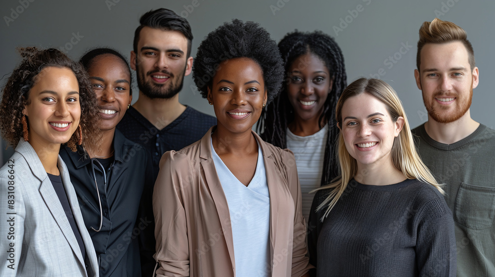 Diverse Group of Smiling Young Adults in Casual and Professional Attire Against Gray Background Diverse Group of Smiling Young Adults in Casual and Professional Attire Against Gray Background