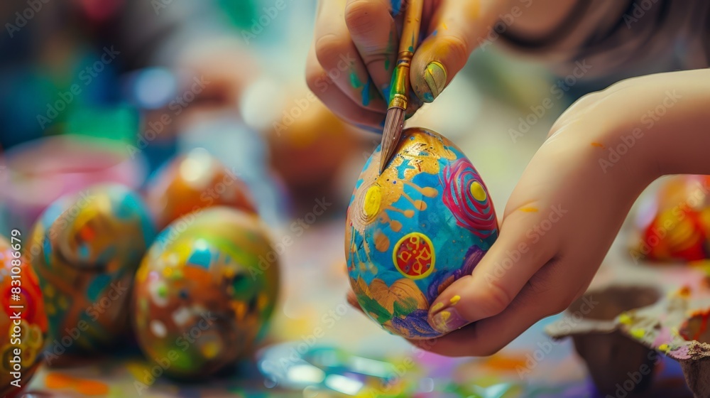 A creative Easter egg decorating session, with kids and adults alike painting and embellishing eggs with intricate designs and vibrant colors. A creative Easter egg decorating session, with kids and adults alike painting and embellishing eggs with intricate designs and vibrant colors.