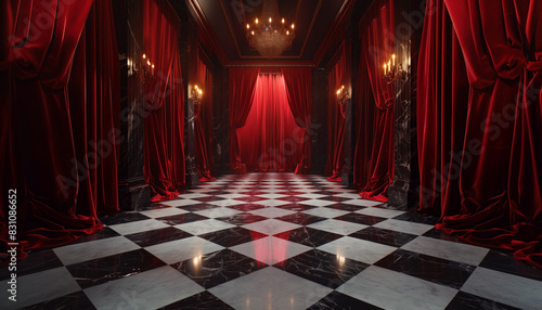 Luxurious room with red velvet curtains and chandeliers. The image features an opulent interior with dramatic red velvet curtains, elegant chandeliers, and a black and white checkered marble floor