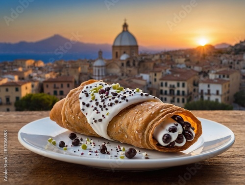 Cannoli Siciliani against the backdrop of Mount Etna, Catania, Palermo. Traditional cakes - the gastronomic symbol of Sicily. AI photo