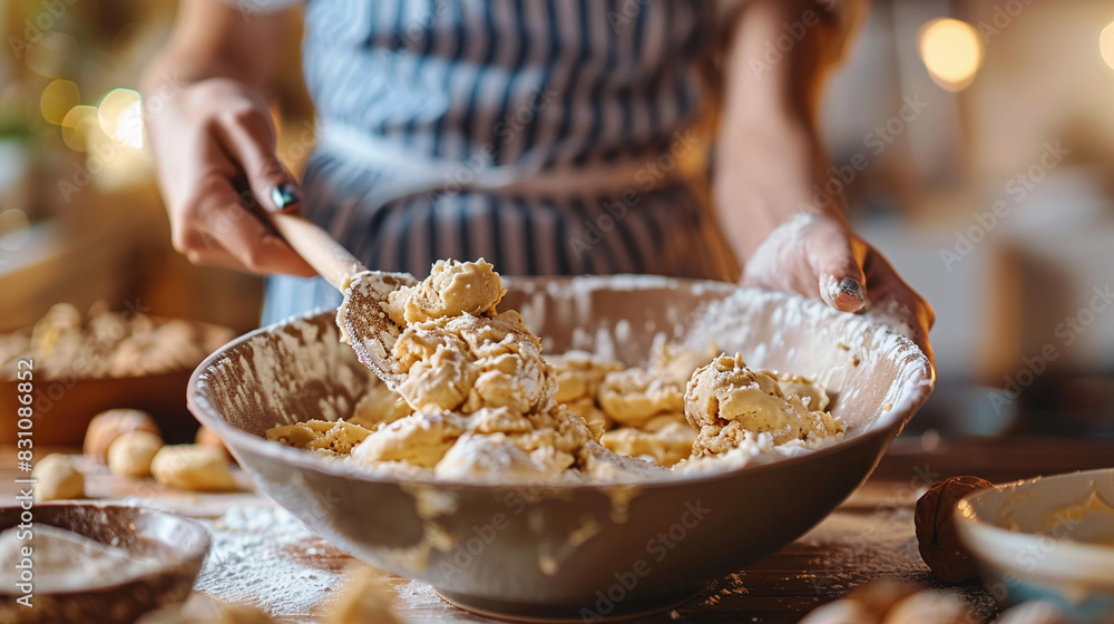 Baker Mixing Dough in Large Bowl Kitchen Background Warm Lighting Close-Up Baking Preparation Baker Mixing Dough in Large Bowl Kitchen Background Warm Lighting Close-Up Baking Preparation