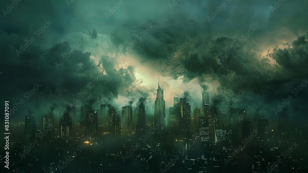 ominous stormy sky over vast city skyline apocalyptic atmosphere digital painting