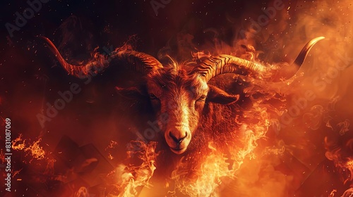ominous portrait of demonic goat baphomet engulfed in hellish flames and smoke digital fantasy illustration photo