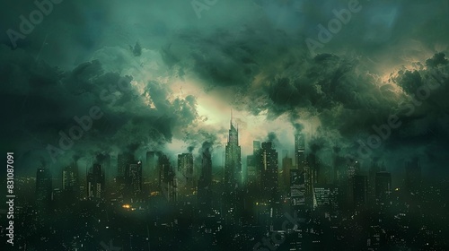 ominous stormy sky over vast city skyline apocalyptic atmosphere digital painting