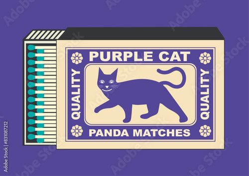purple cat vector icon. illustration in Matchbox and matches illustration. Vintage and antique matchbox packaging design illustration. retro style packaging. old style design. open box template