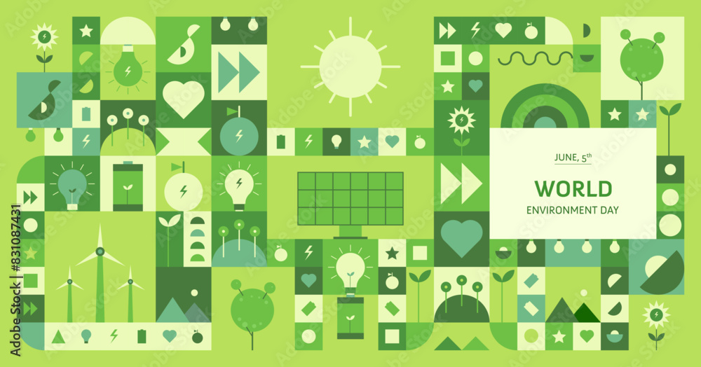 World Environment Day, Green energy, abstract geometric background. Rounded, circle, fruit, energy, battery, square, and flower shapes. Colorful vector illustration. Seamless pattern background. World Environment Day, Green energy, abstract geometric background. Rounded, circle, fruit, energy, battery, square, and flower shapes. Colorful vector illustration. Seamless pattern background.