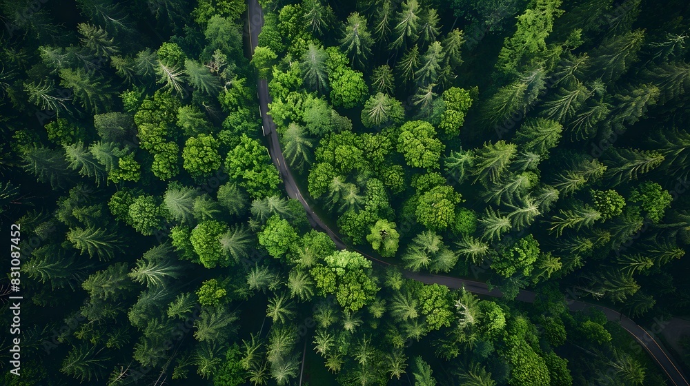 Aerial view of a green forest with a road from a top down perspective. The asphalt mountain highway running through it is visible from above looking straight down. Aerial view of a green forest with a road from a top down perspective. The asphalt mountain highway running through it is visible from above looking straight down.