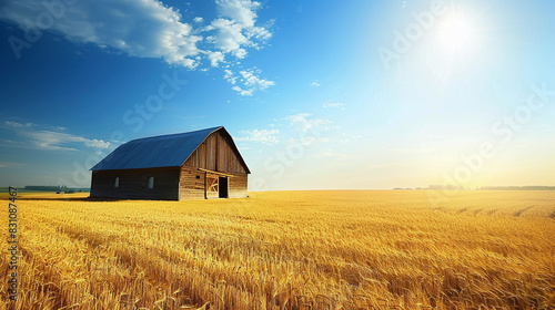 Old Wooden Barn Amidst Golden Wheat Fields Under Clear Blue Sky and Bright Sunlight