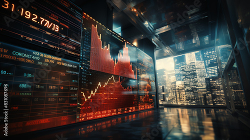 A dimly lit room with a large stock market graph showing a downward trend in red on one wall, and a city skyline with skyscrapers outside a large glass window on another wall.