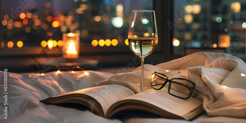 Cityscape indulgence white wine book spectacles vibrant bokeh lights.Serene Passover Seder Night with Galahad Wine Glasses and Soft Candle Glow.
 photo