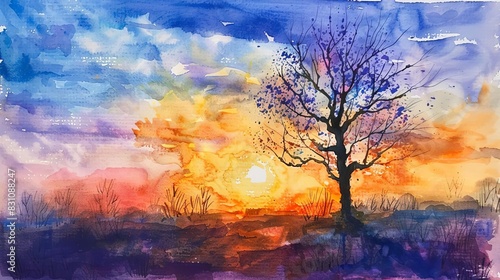 original watercolor painting of a stunning sunset landscape photo