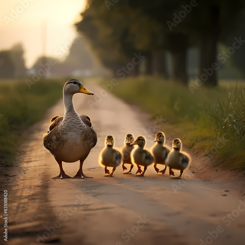 A family of ducks crossing a quiet country road.
