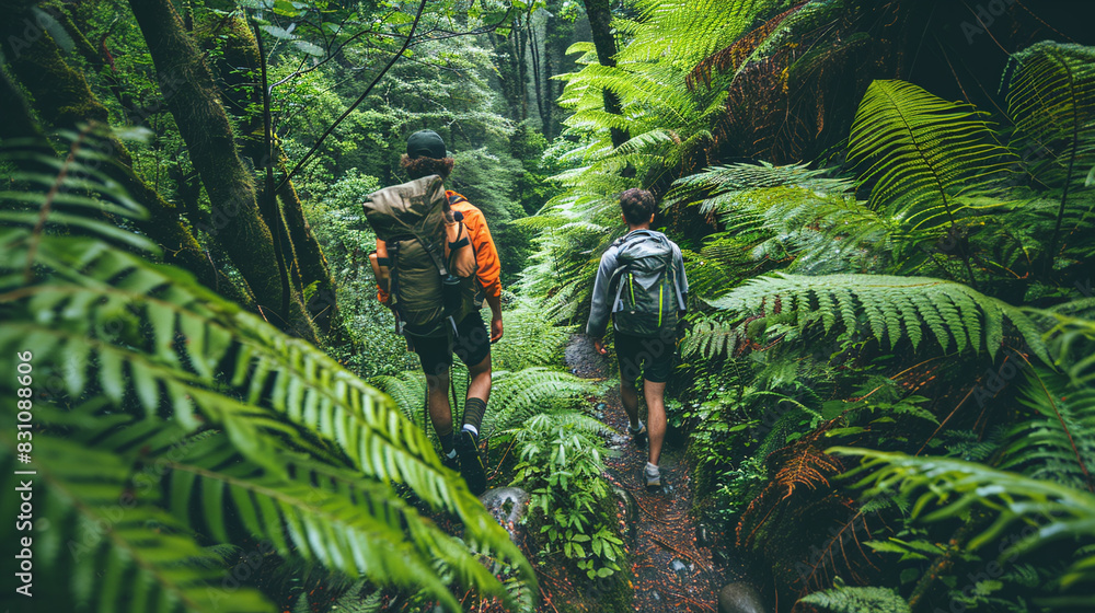 Φωτογραφία Two Hikers Walking Through Lush Green Forest Ferns and Trees Adventure Nature Tr