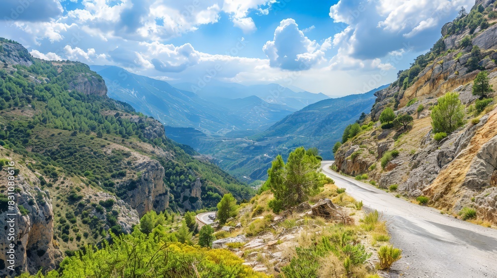 A narrow mountain road with sharp turns and breathtaking views of the valley below, perfect for adventurous drivers seeking a scenic route. 