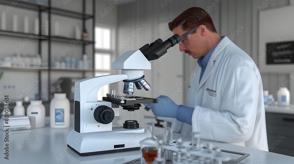 Lab Technician Examining Samples Under Microscope in Scientific Workspace Lab Technician Examining Samples Under Microscope in Scientific Workspace