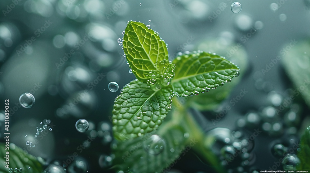 Fresh Green Mint Leaves with Water Droplets in Close-Up Macro on Dark Background Fresh Green Mint Leaves with Water Droplets in Close-Up Macro on Dark Background