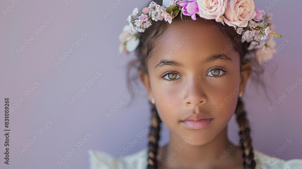 Young Girl with Braided Hair and Flower Crown Against Soft Lavender Background Young Girl with Braided Hair and Flower Crown Against Soft Lavender Background