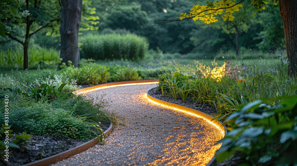 Naklejka premium Serene Illuminated Garden Pathway at Dusk with Lush Greenery and Vibrant Foliage