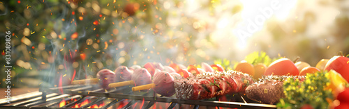 Grilled Chicken Skewers Flavorful tasty Aromatic Flavorsome Mouthful on a blurred background
 photo