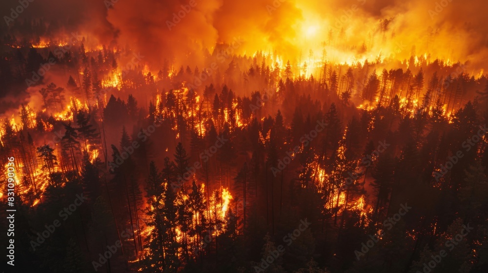 Aerial view of a vast forest engulfed in flames, highlighting the scale and severity of a wildfire outbreak