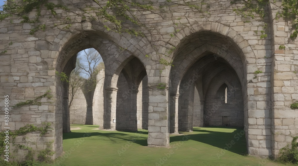 Architectural Features in a Medieval Fortress with Tree.generative.ai