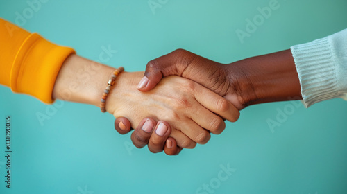 Close Up of Diverse Handshake with Yellow and White Sleeves Against Light Blue Background Unity