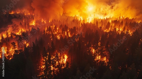 Aerial view of a vast forest engulfed in flames, highlighting the scale and severity of a wildfire outbreak