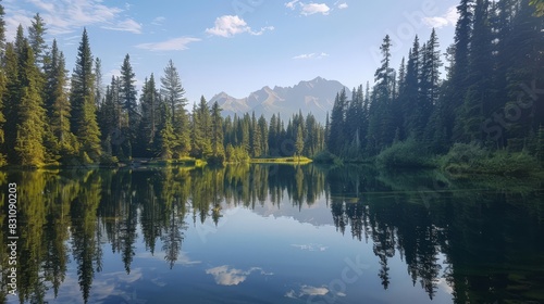 A serene lake reflected the towering pine trees in the background, their still waters creating a perfect mirror image and enhancing the natural beauty. 