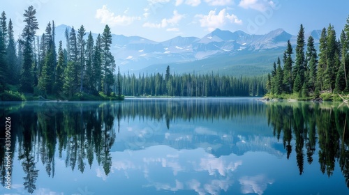 Fototapeta Naklejka Na Ścianę i Meble -  A serene lake reflected the towering pine trees in the background, their still waters creating a perfect mirror image and enhancing the natural beauty. 