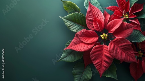 Vivid red poinsettia bloom against a crisp green backdrop in a clean and minimalist close-up shot, Created with Generative AI. photo