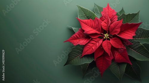 Vibrant red poinsettia flower against a clean green backdrop  simple and striking close-up shot  Created with Generative AI.