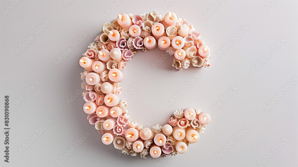Floral Rose Candle Arrangement Shaped Like C on White Background for Decoration and Celebrations Floral Rose Candle Arrangement Shaped Like C on White Background for Decoration and Celebrations