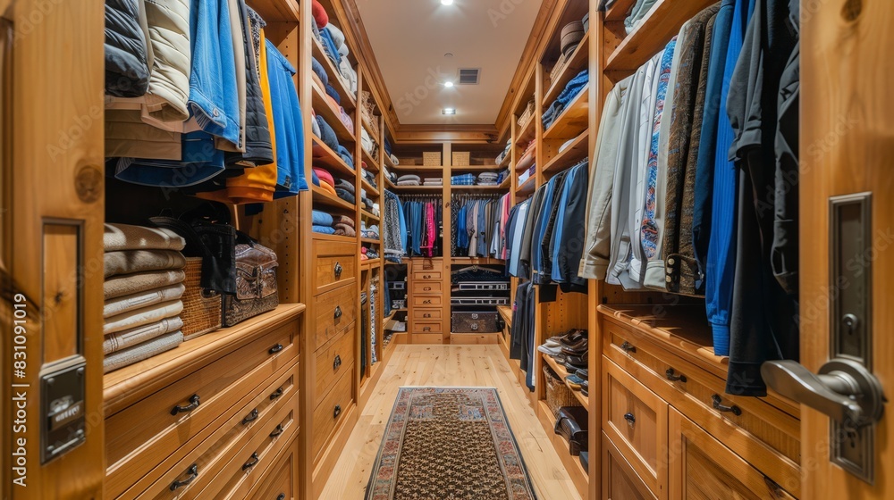 A spacious walk-in closet with custom shelving, drawers, and plenty of space for clothing and accessories. A spacious walk-in closet with custom shelving, drawers, and plenty of space for clothing and accessories.