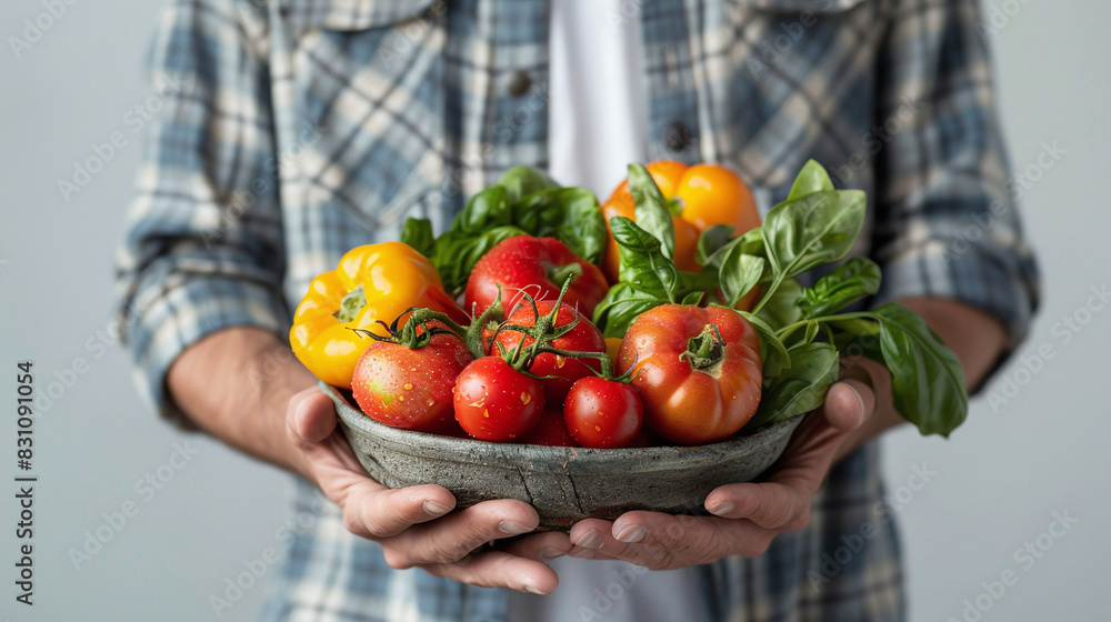 Man Holding Fresh Organic Vegetables Bowl Close-up Plaid Shirt Background Healthy Gardening Man Holding Fresh Organic Vegetables Bowl Close-up Plaid Shirt Background Healthy Gardening