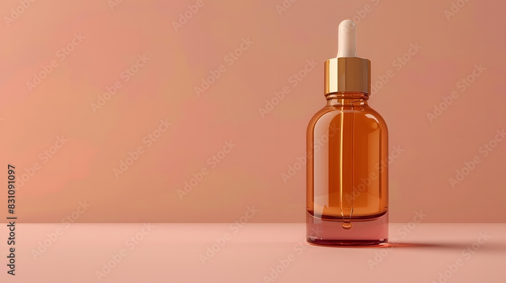 An elegant, minimalist beauty product mockup featuring an amber glass bottle with golden accents against a soft peach background.