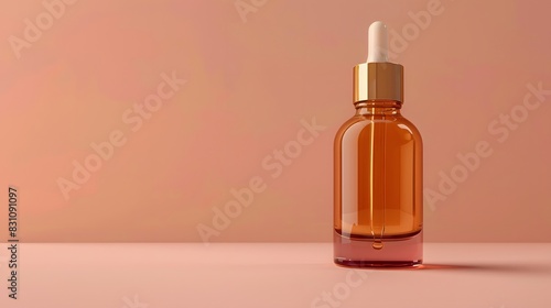 An elegant  minimalist beauty product mockup featuring an amber glass bottle with golden accents against a soft peach background.