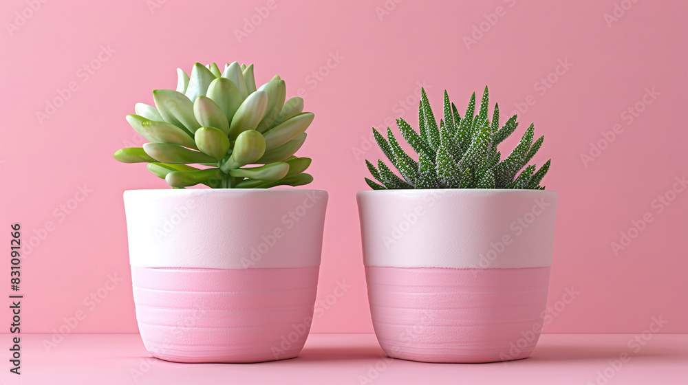Vibrant Green Succulent Plants in Pink Pots against a Solid Pink Background Minimalist Decor Vibrant Green Succulent Plants in Pink Pots against a Solid Pink Background Minimalist Decor