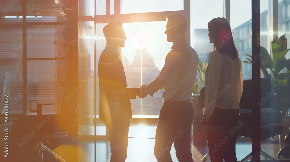 Young business people shaking hands in the office Finishing successful meeting Three persons : Generative AI
