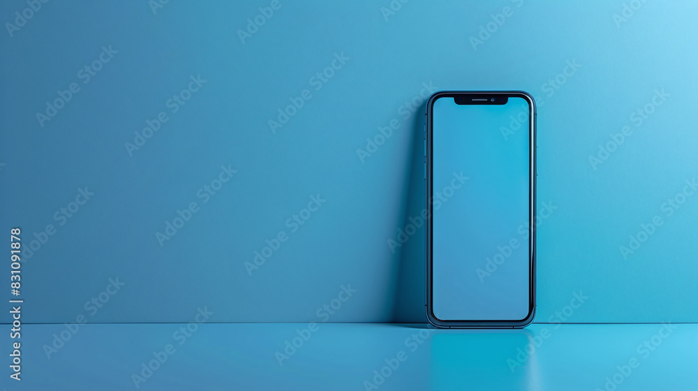 Modern Smartphone with Blue Screen Display Against Bright Blue Background for Technology Concept Modern Smartphone with Blue Screen Display Against Bright Blue Background for Technology Concept