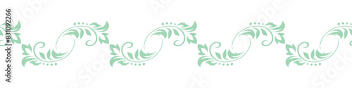 Edging, ribbon, border of of light green stylized stems, leaves, flowers and curls in flat retro style. Vector seamless pattern, ornament, decorative element, decoration