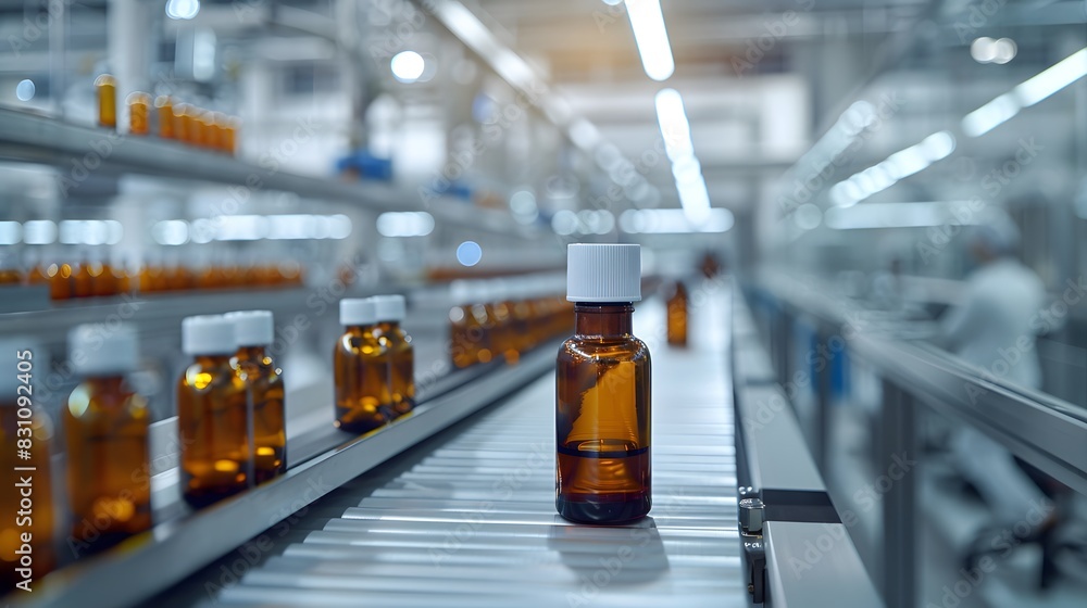 Bright side view of the picture, showing an advanced lab where medicine bottles and vials on belt run along in a production line. Bright side view of the picture, showing an advanced lab where medicine bottles and vials on belt run along in a production line.