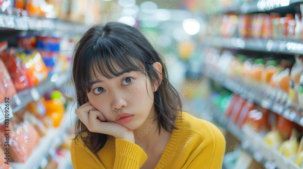 スーパーで物価高騰に悩むアジア人女性 スーパーで物価高騰に悩むアジア人女性