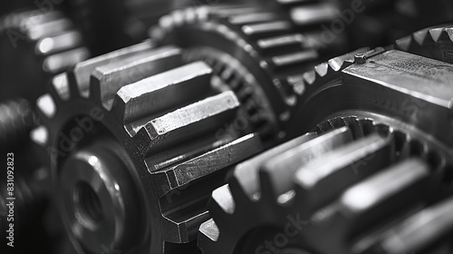 Close-Up of Interlocking Dark Metal Gears in Black Laboratory Precision Engineering Machinery